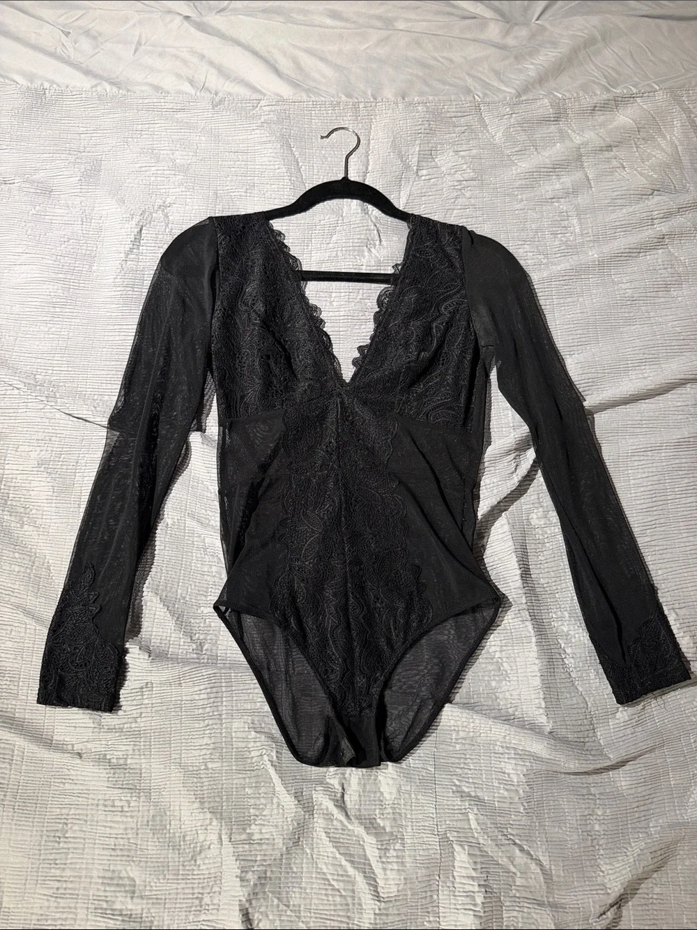 Black Lace Plunge Long-Sleeve Bodysuit - Women